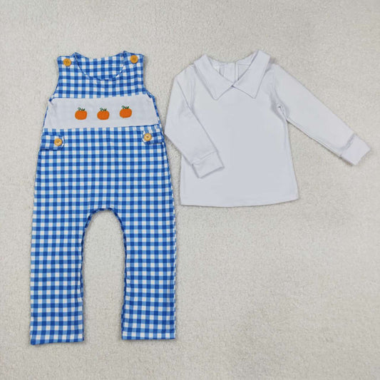 Toddle baby boy long sleeve top blue gingham pumpkin 2pcs romper