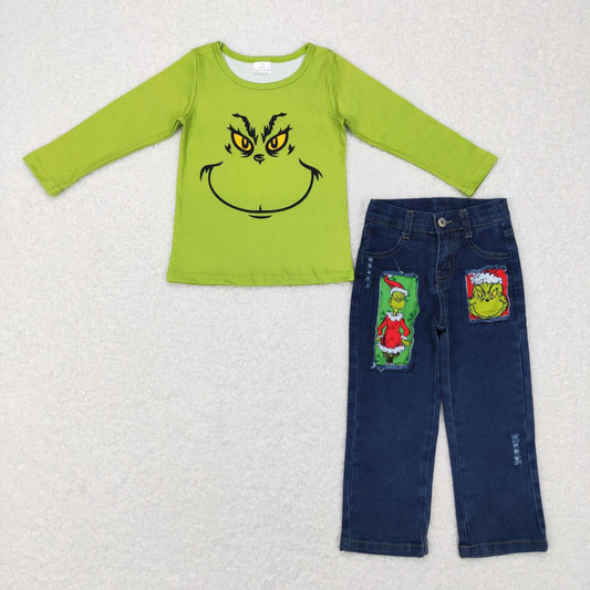 Green cartoon long sleeve top denim pants Christmas outfit