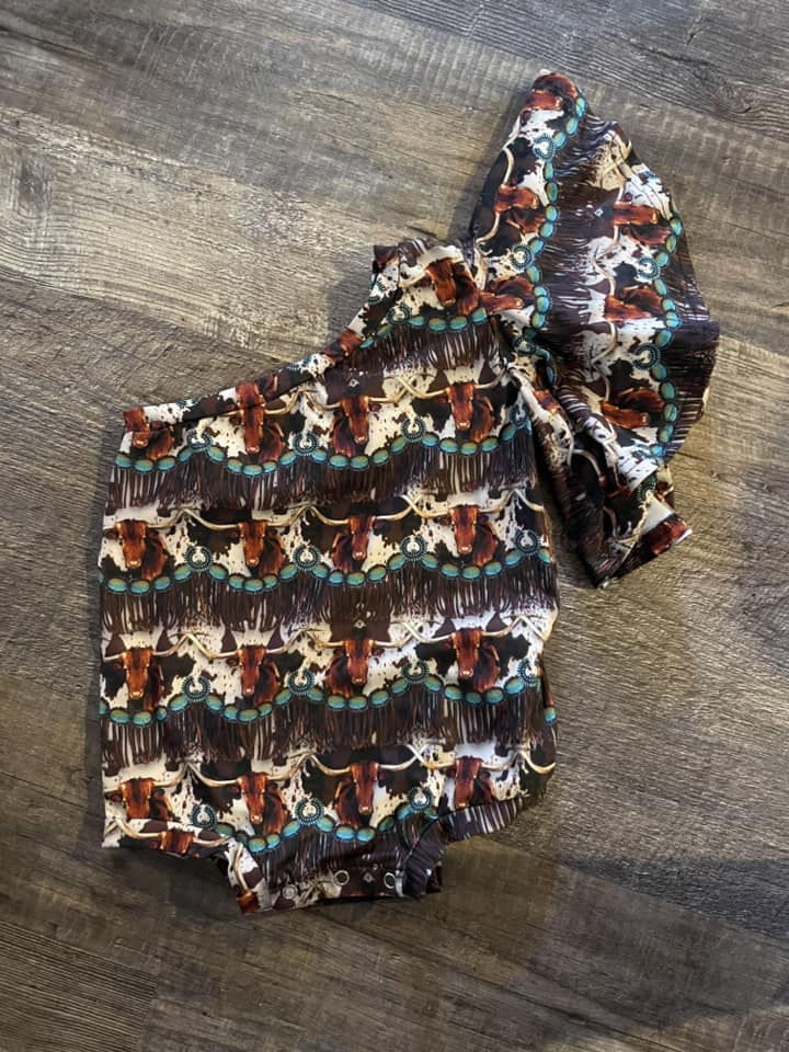 one shoulder farm cow romper preorder