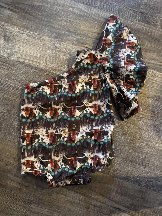 one shoulder farm cow romper preorder