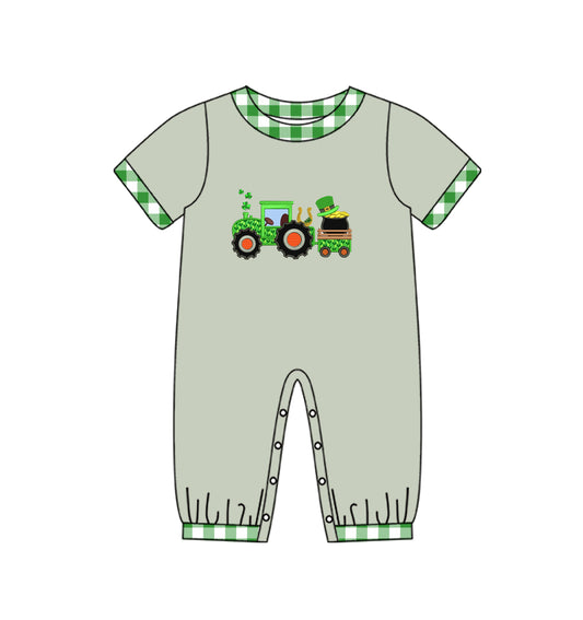 Saint Patrick's Day boy clover tractor romper preorder