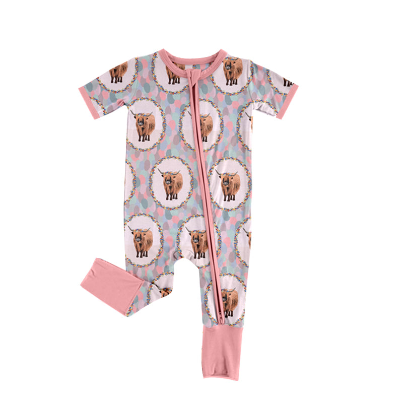 highland cow western zip romper preorder