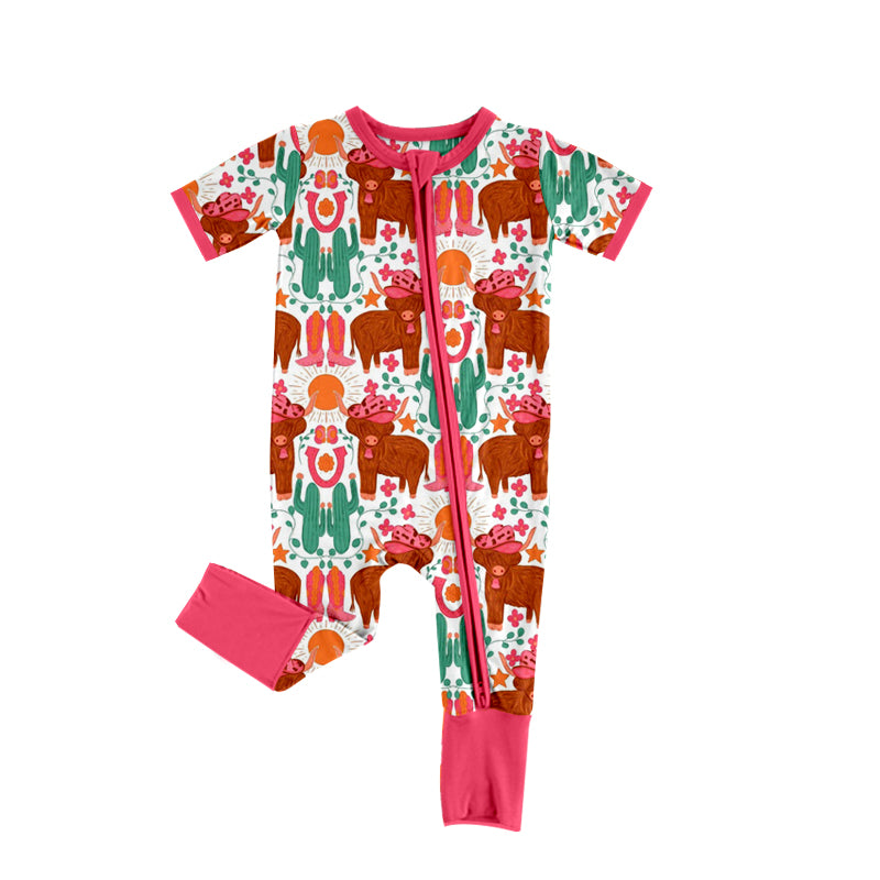 cowgirl highland cow zip romper preorder