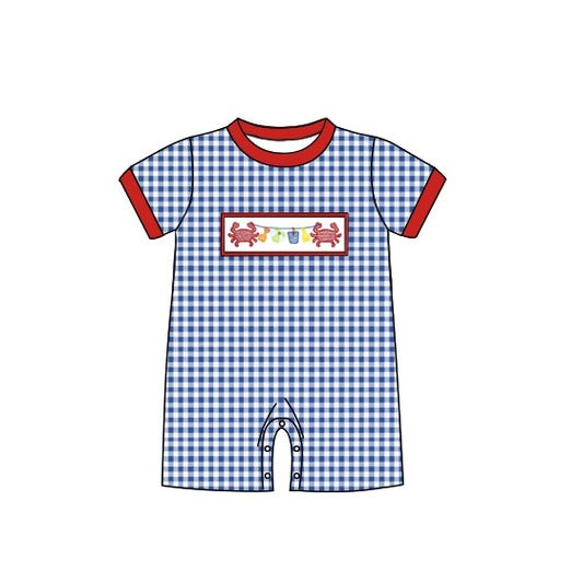 boy blue gingham crab romper preorder