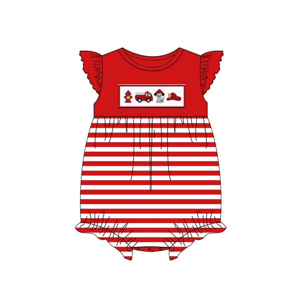 toddle girl firetruck dog red stripes romper preorder