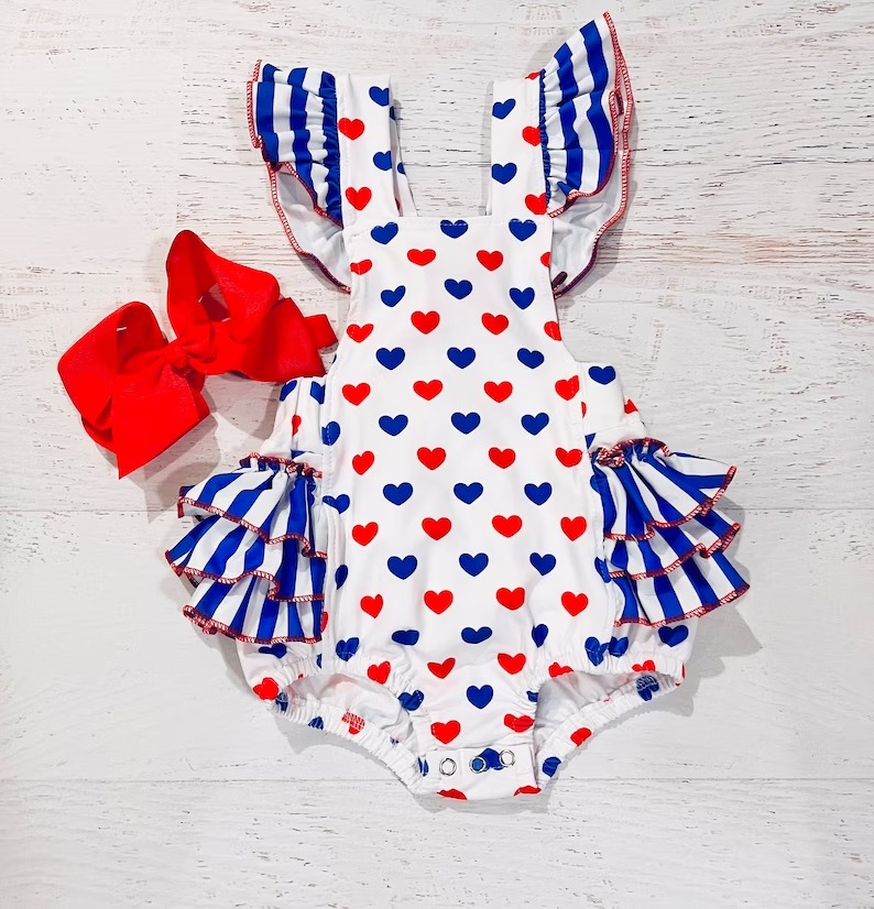 toddle girls red blue heart july 4th bubble romper preorder