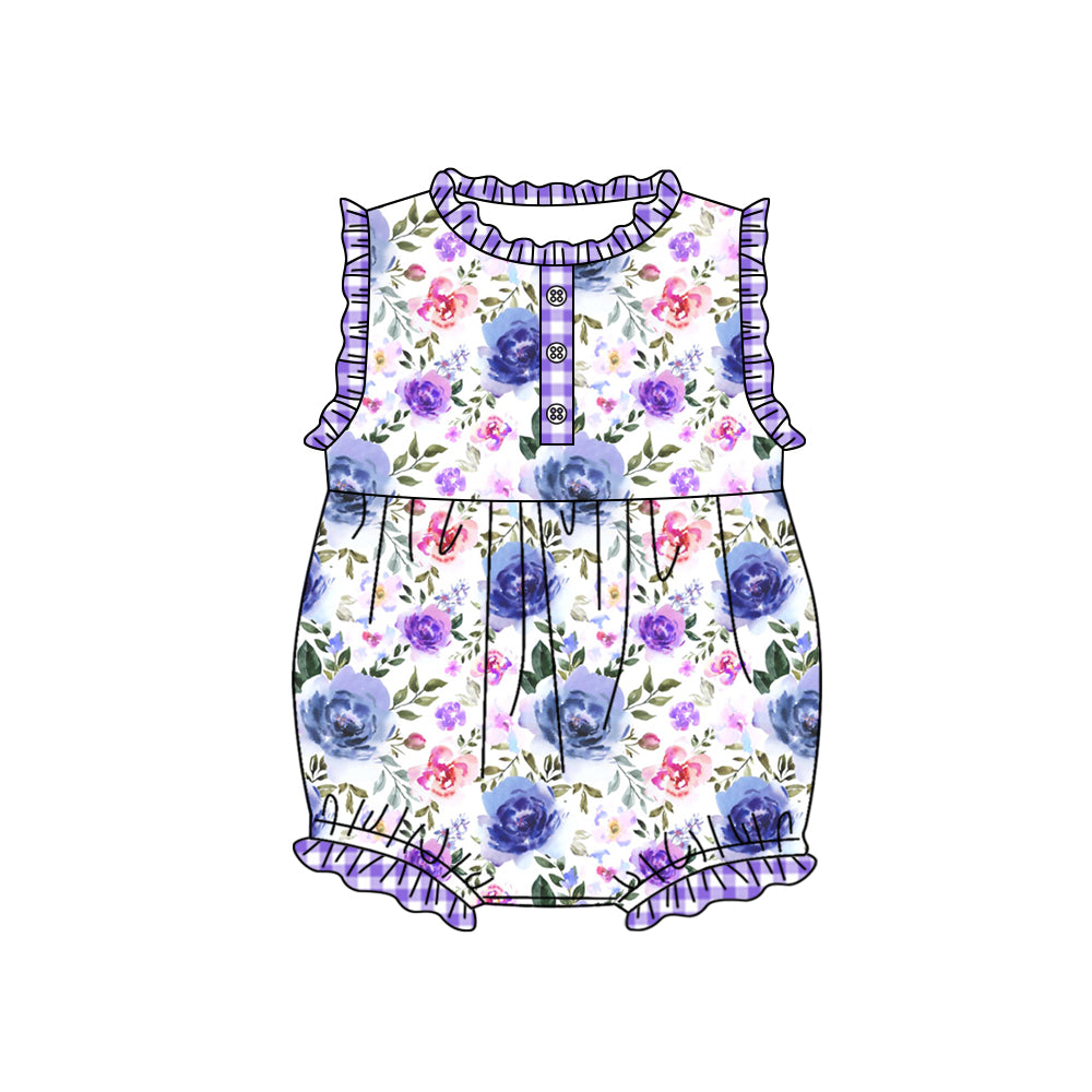 purple floral button romper preorder