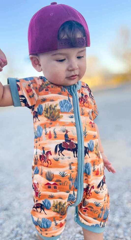 cowboy western cactus zip romper preorder