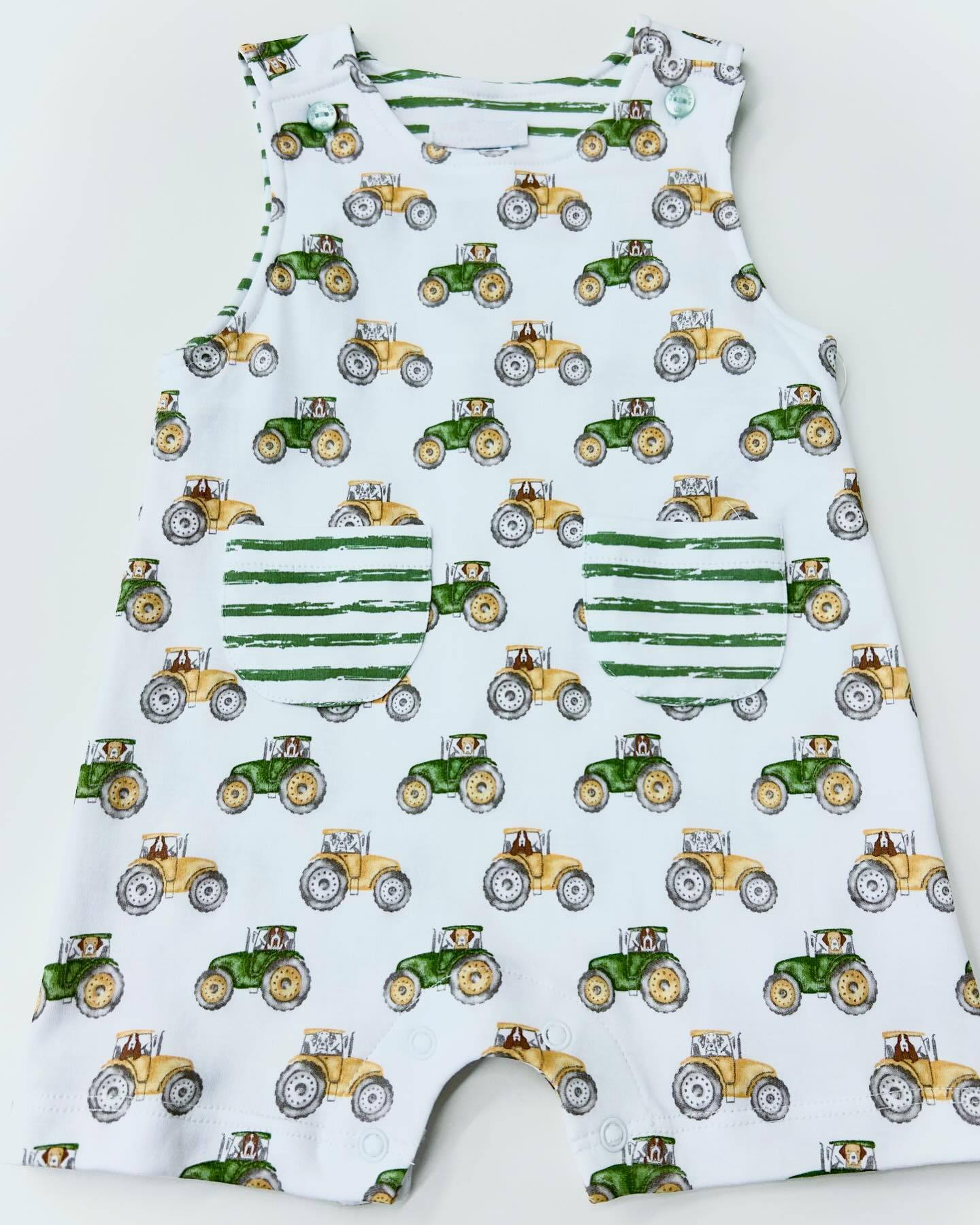 green farm tractor baby boy pocket romper preorder