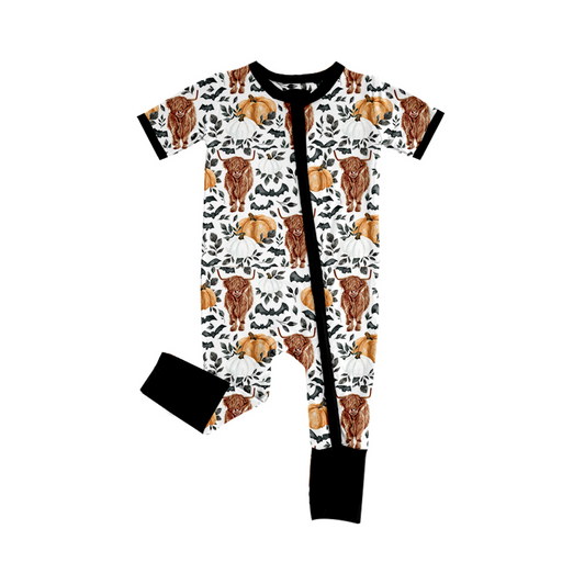 toddle baby highland cow pumpkin floral zip romper preorder