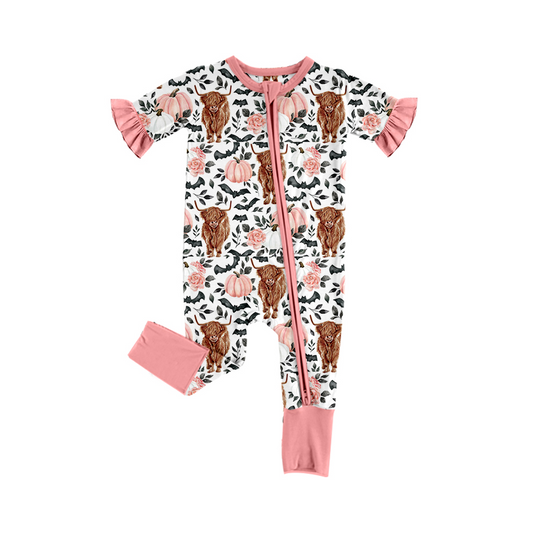 toddle baby highland cow pink pumpkin floral zip romper preorder