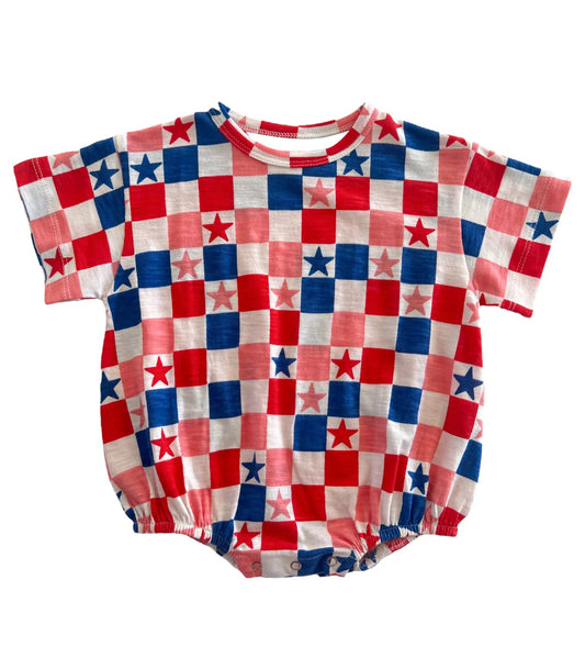 baby july 4th short sleeve checkered romper preorder