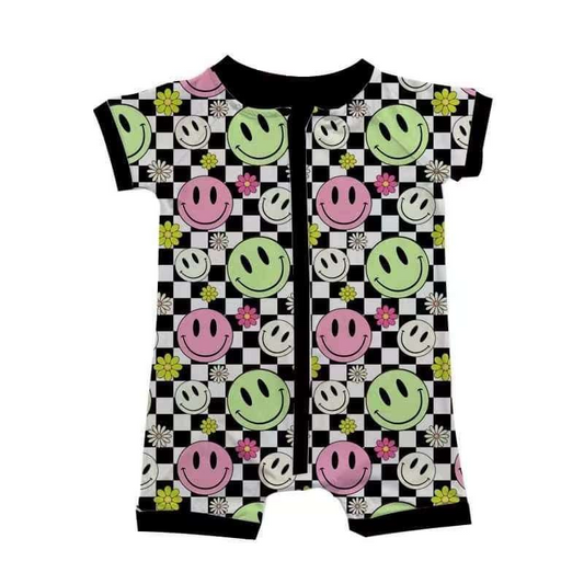 smile face black checkered zip romper preorder