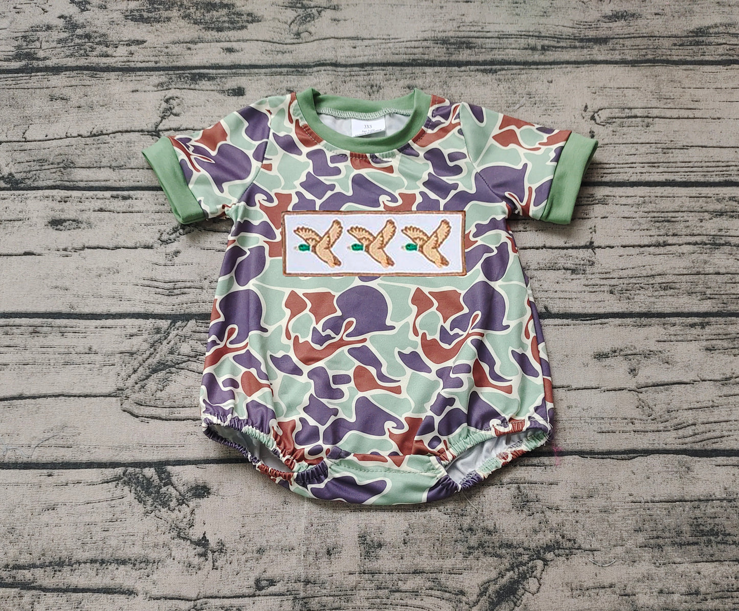 Embroidery mallard duck camo baby boy romper preorder