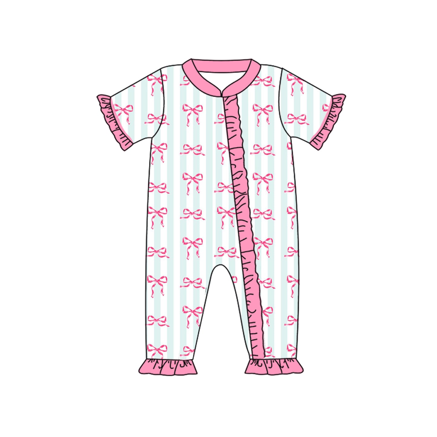 Pink bow blue stripes zip romper preorder