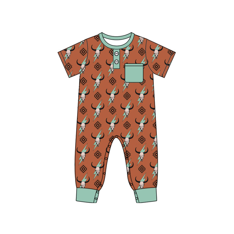 Western cowboy aztec short sleeve zip romper preorder
