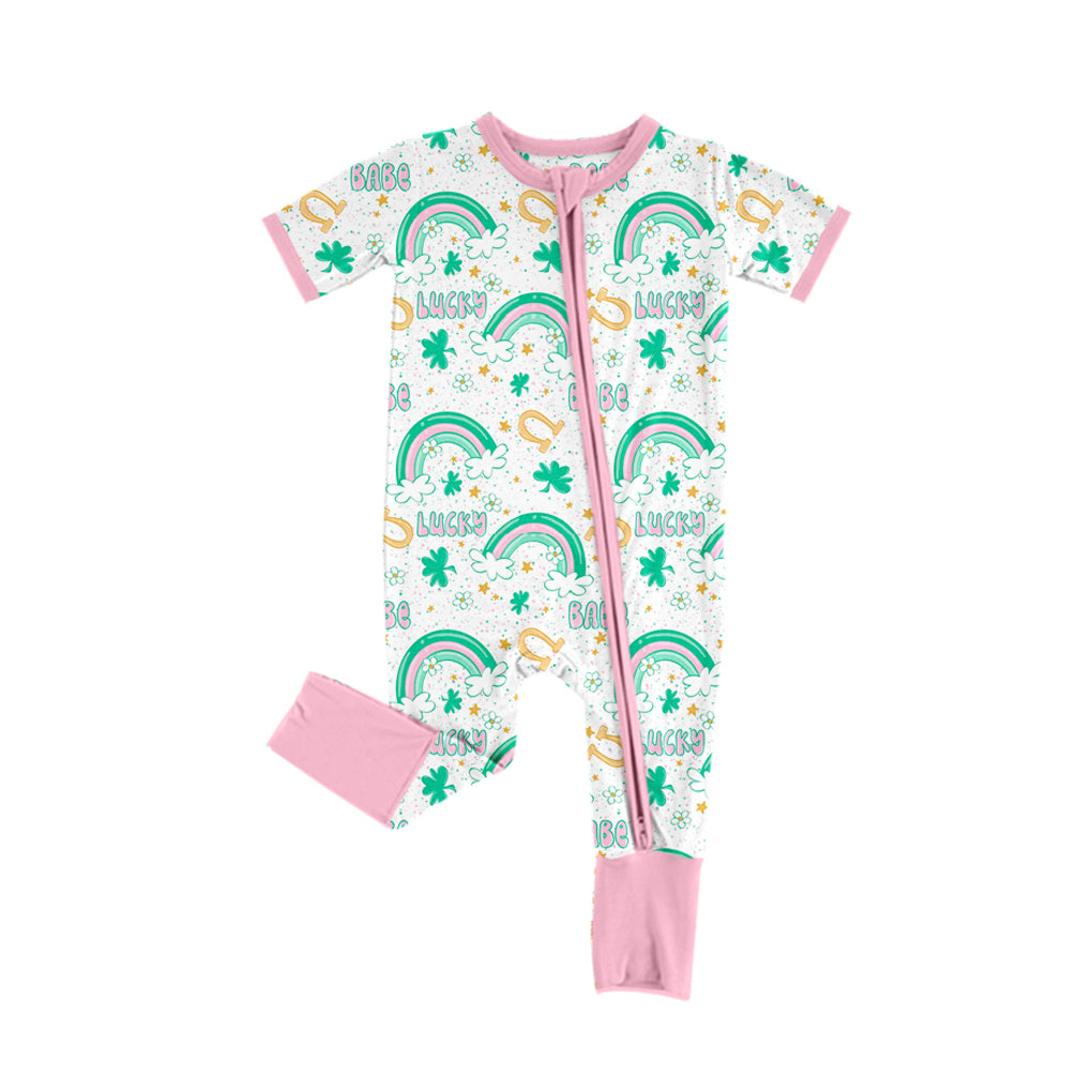 Saint Patrick's Day lucky baby girl short sleeve zip romper preorder
