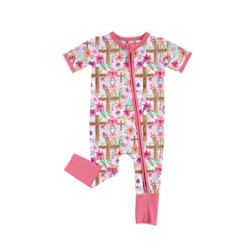 Easter cross floral print baby girls short sleeve zip romper preorder