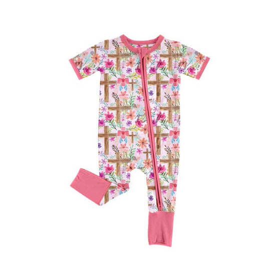Easter cross floral print baby girls short sleeve zip romper preorder