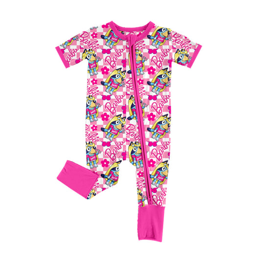 Blue cartoon dog pink doll baby girls long sleeve zip romper preorder