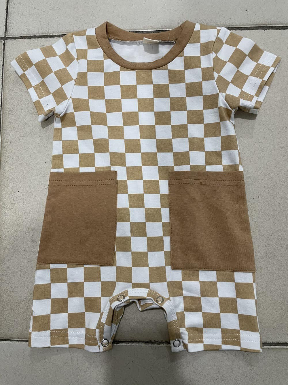 Toddle baby boy khaki checkered pocket romper preorder