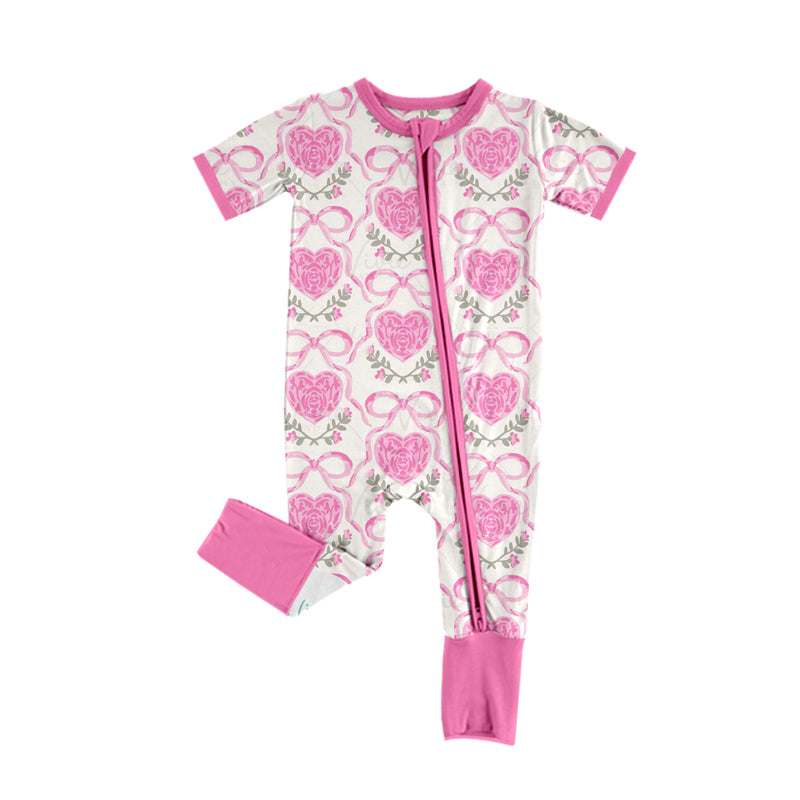 Valentines day heart pink bow kids long sleeve zip romper preorder