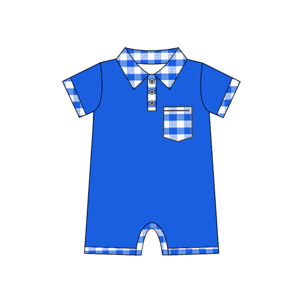 Toddle boy blue  plaid pocket romper preorder