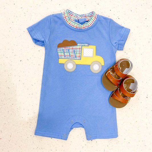 Baby boy consturction print blue romper preorder