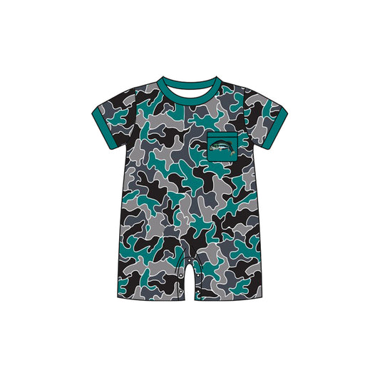 Green black grey camo fishing pocket boy short sleeve romper preorder