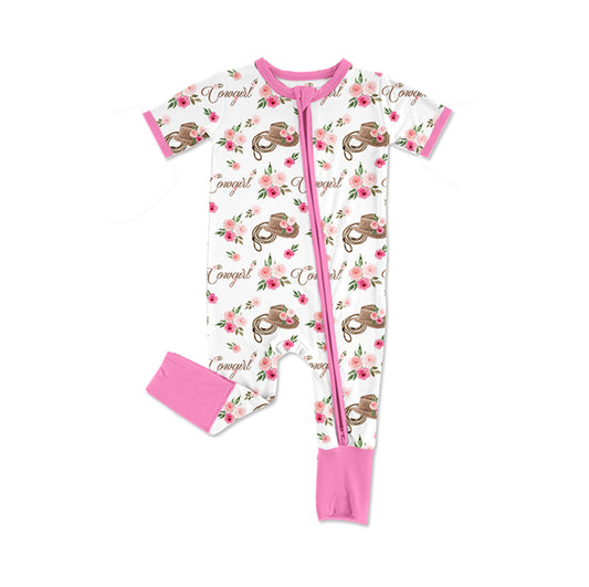 Cowgirl western kids short sleeve zip romper preorder