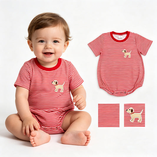Red stripes toddle boy embroidery dog romper