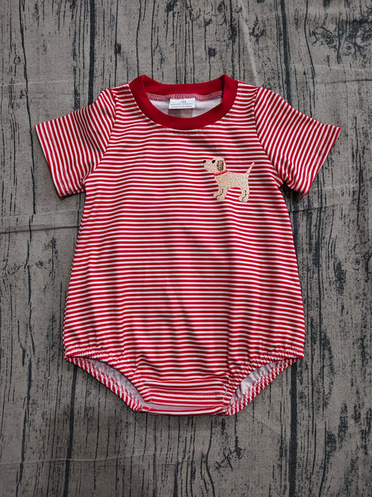 Red stripes toddle boy embroidery dog romper preorder
