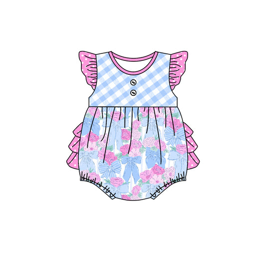 Toddle baby girl blue bow pink flower romper preorder