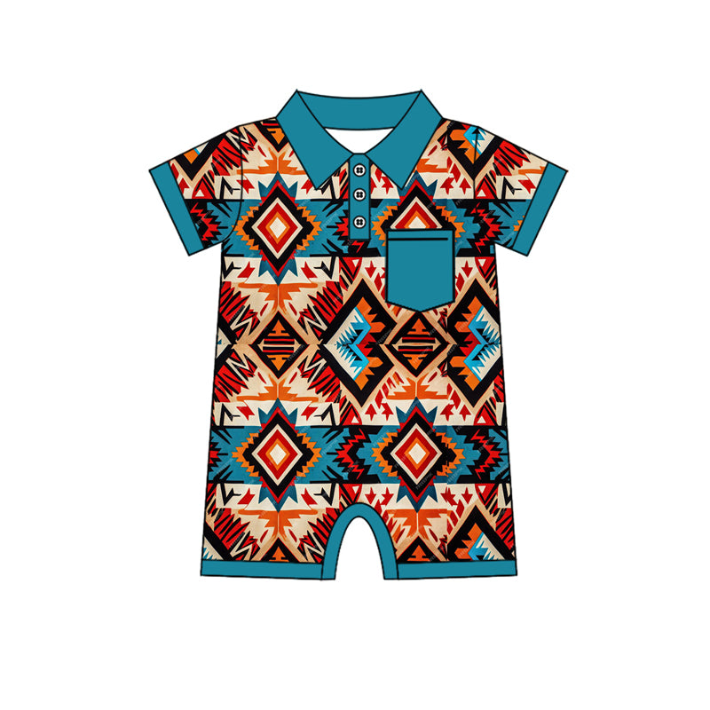 Western cowboy aztec short sleeve romper preorder