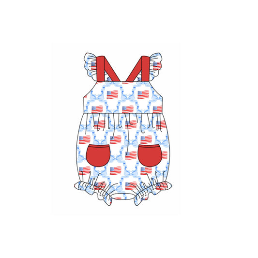 Toddle girl American flag blue bow romper preorder