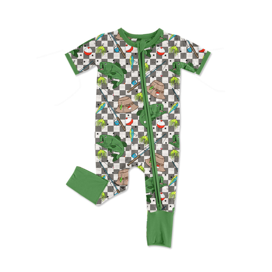 Toddle baby boy grey checkered fishing romper preorder