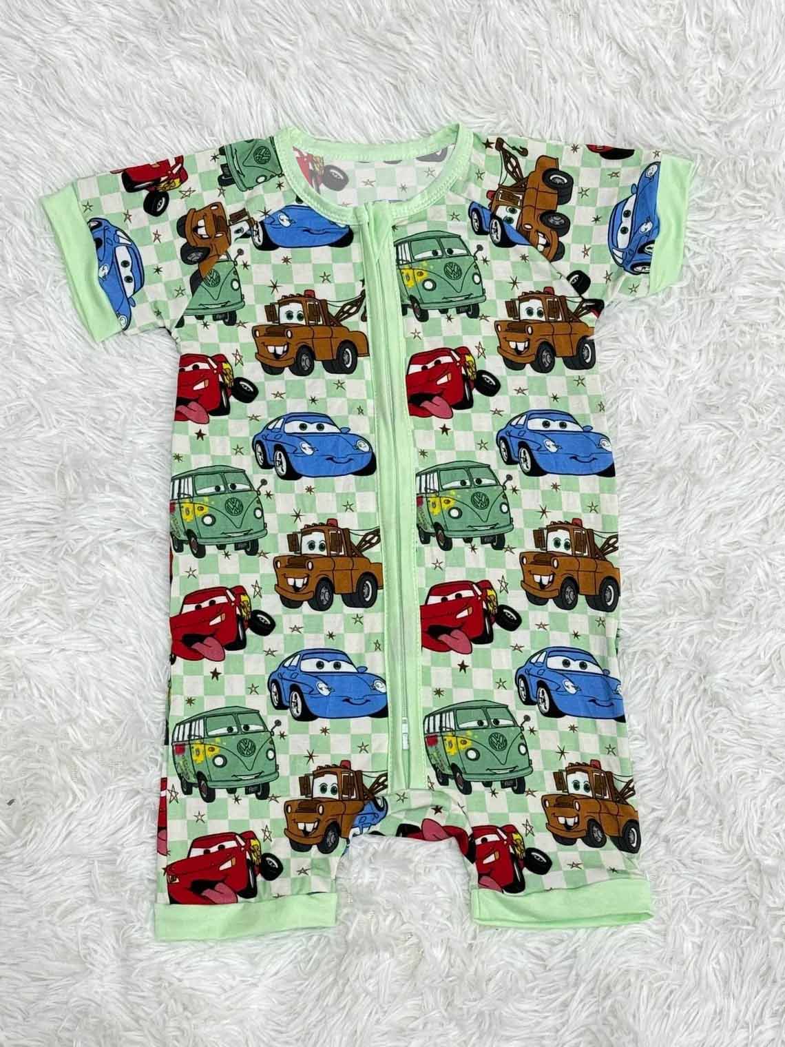 Cartoon car green checkered baby boy zip romper preorder