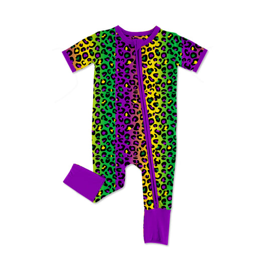 Mardi Gras girls short sleeve cheetah zip romper preorder