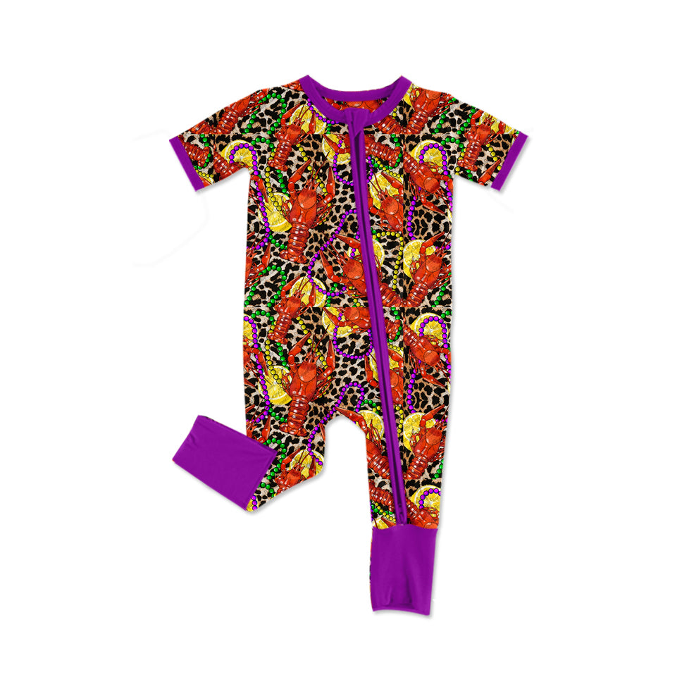 Toddle girls Mardi Gras crawfish short sleeve zip romper preorder