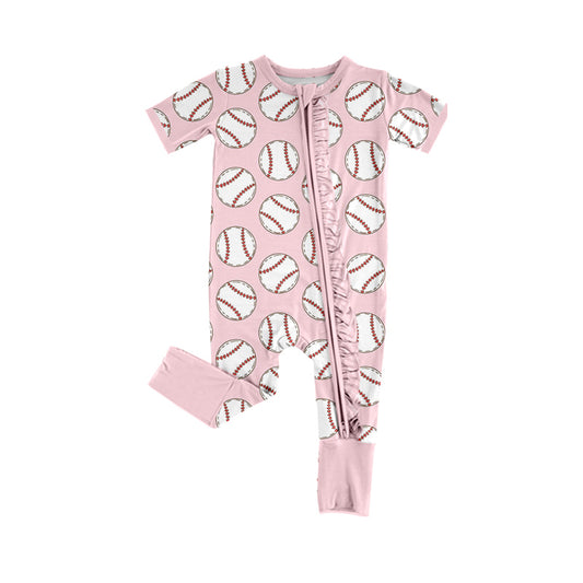 Baby girls pink baseball short sleeve romper preorder