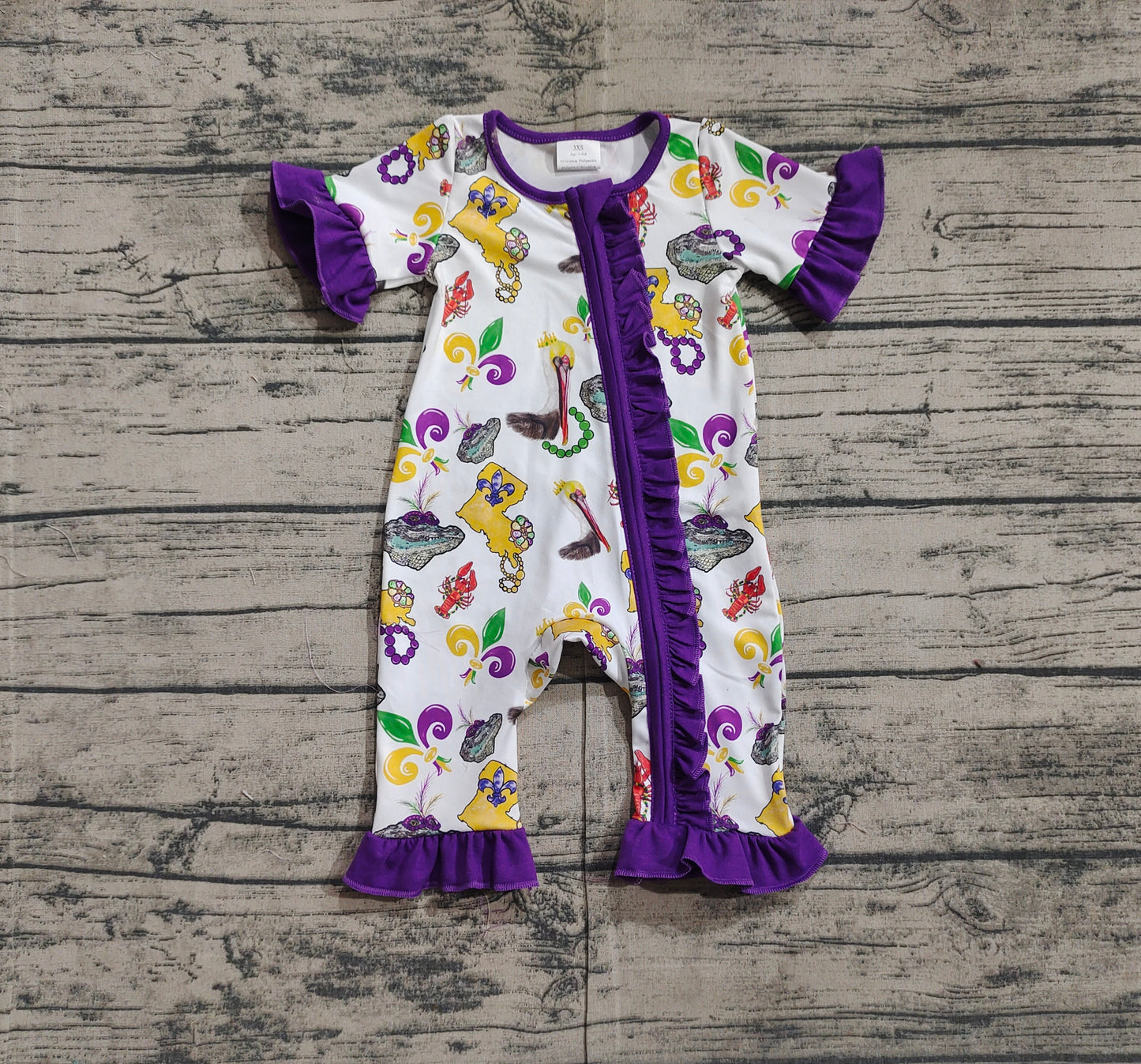 Baby girls Mardi Gras short sleeve romper preorder