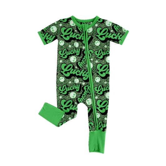 Saint Patrick's Day lucky charm baby boy zip romper preorder