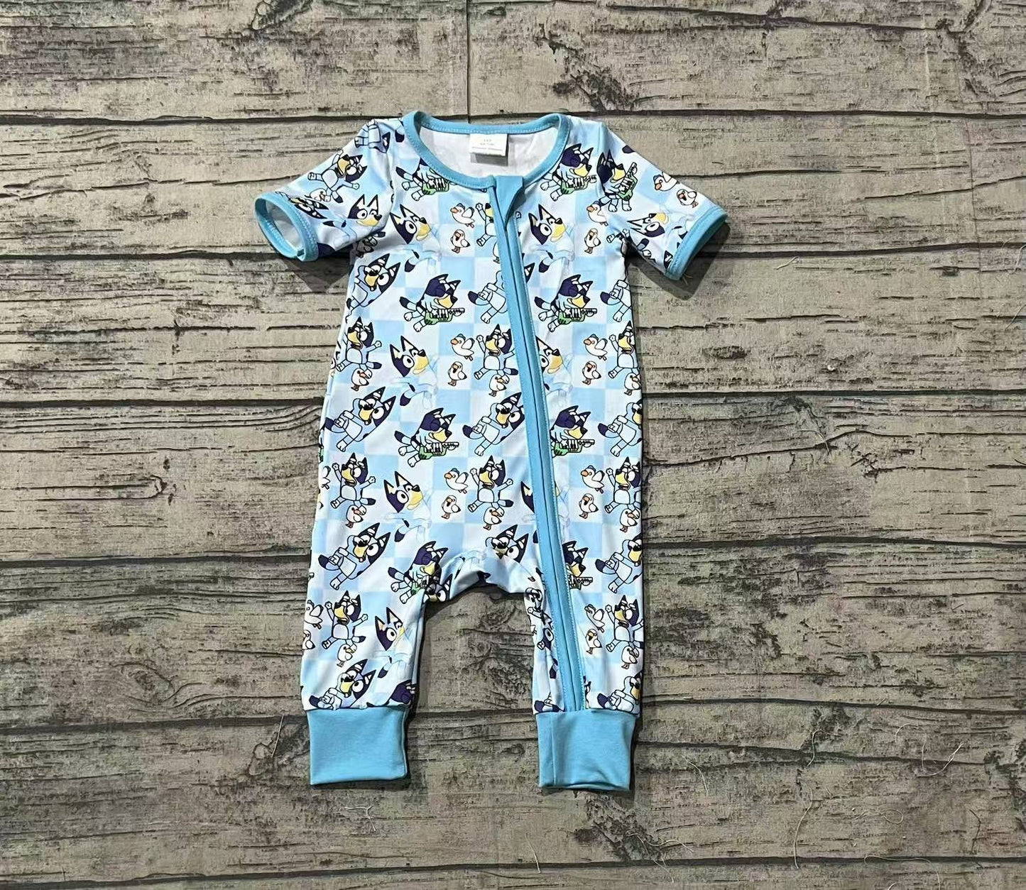 Blue cartoon dog plaid boys summer romper preorder