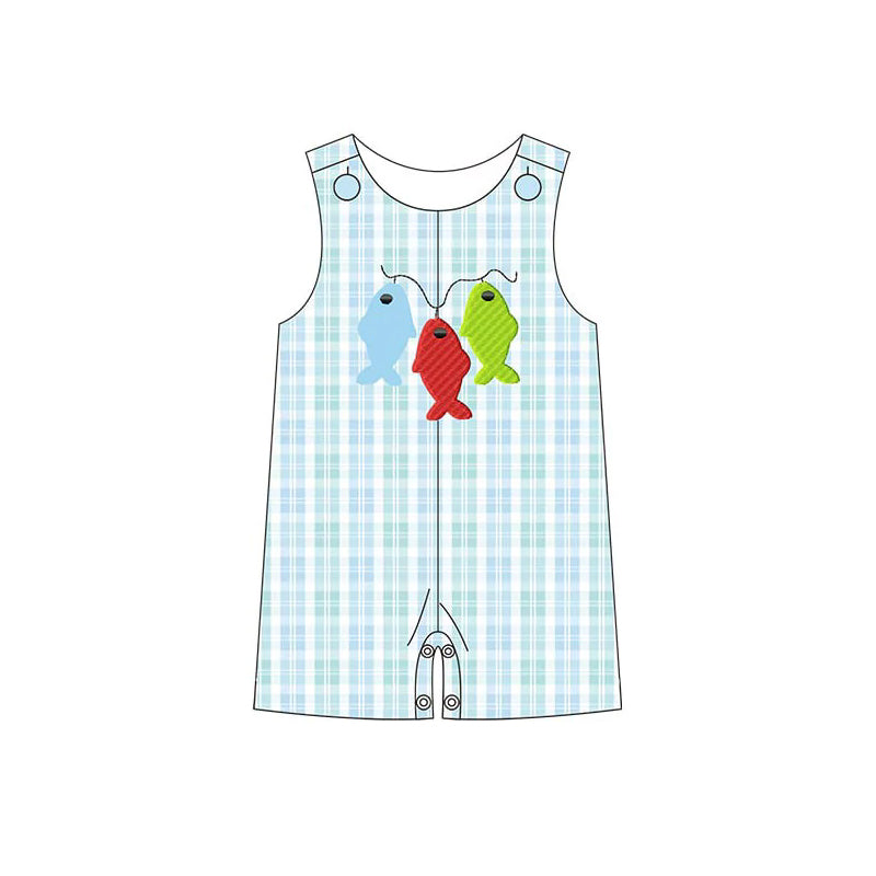 Toddle boy blue plaid fishing romper preorder