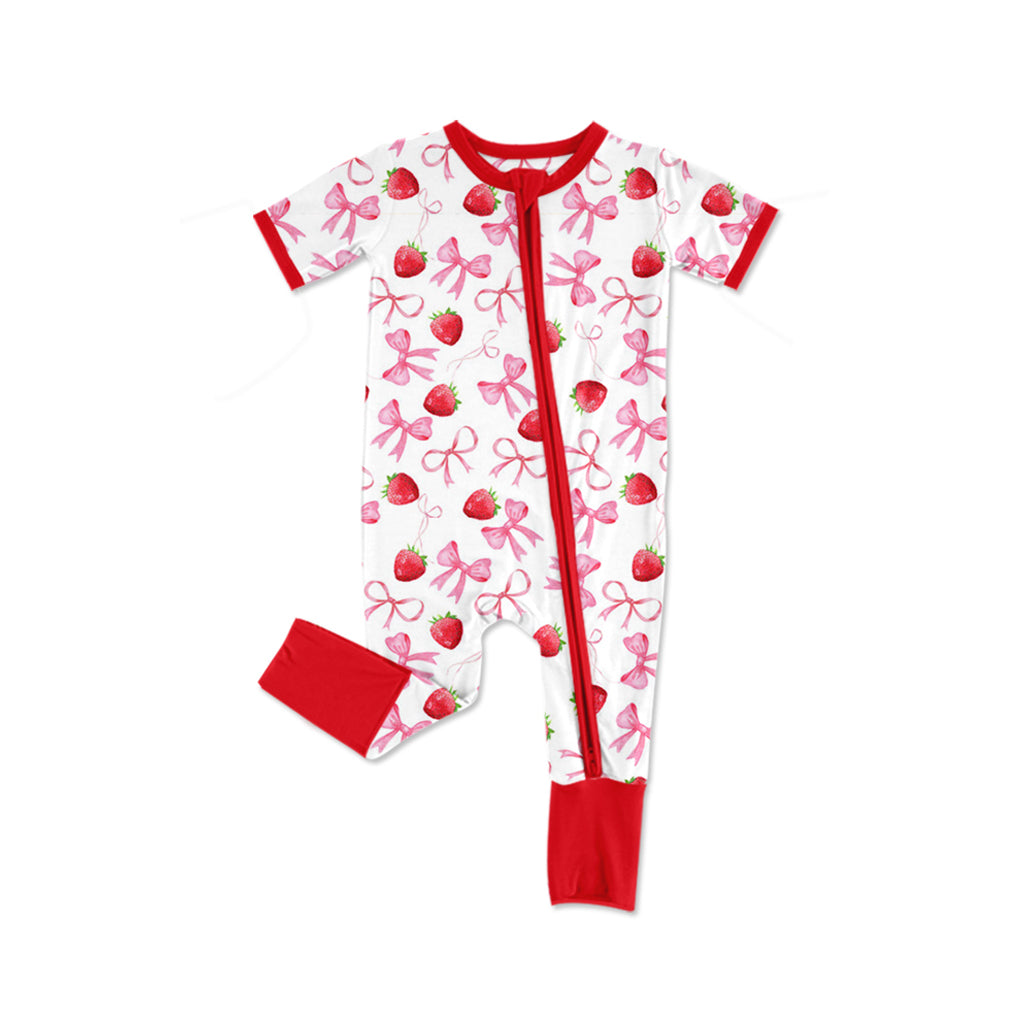 Toddle baby girls strawberry pink bow summer romper preorder