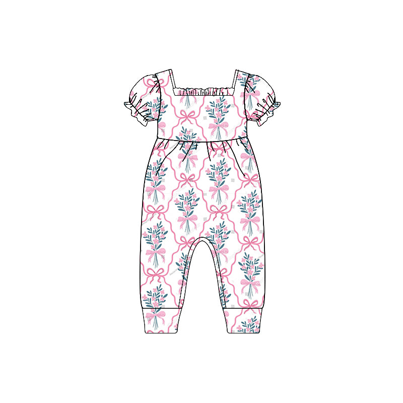 Pink bow flower baby girls summer romper preorder