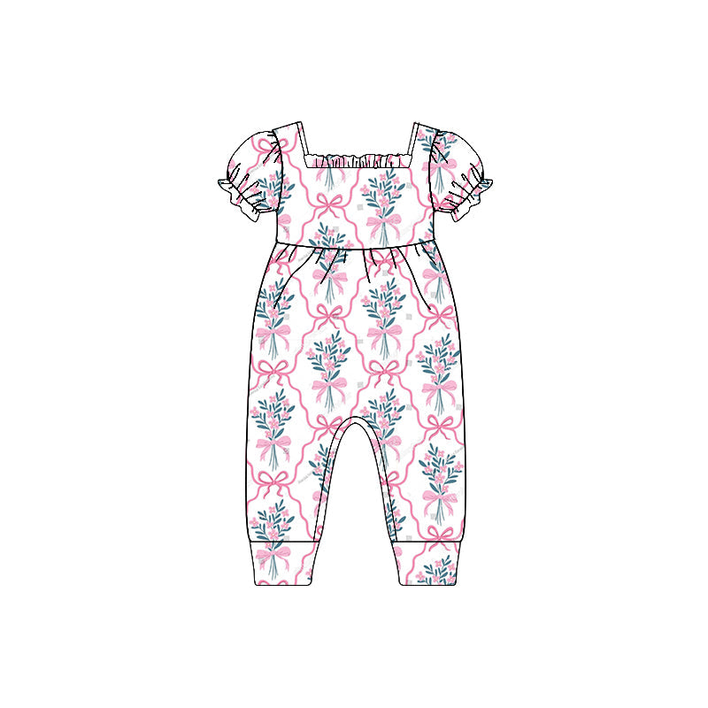 Pink bow flower baby girls summer romper preorder