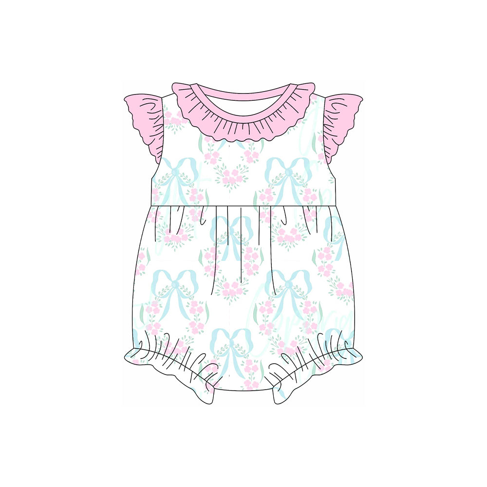 Toddle girl blue bow pink floral summer romper preorder