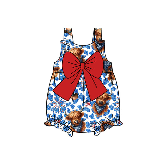 Baby girl highland cow blue cheetah july 4th romper preorder