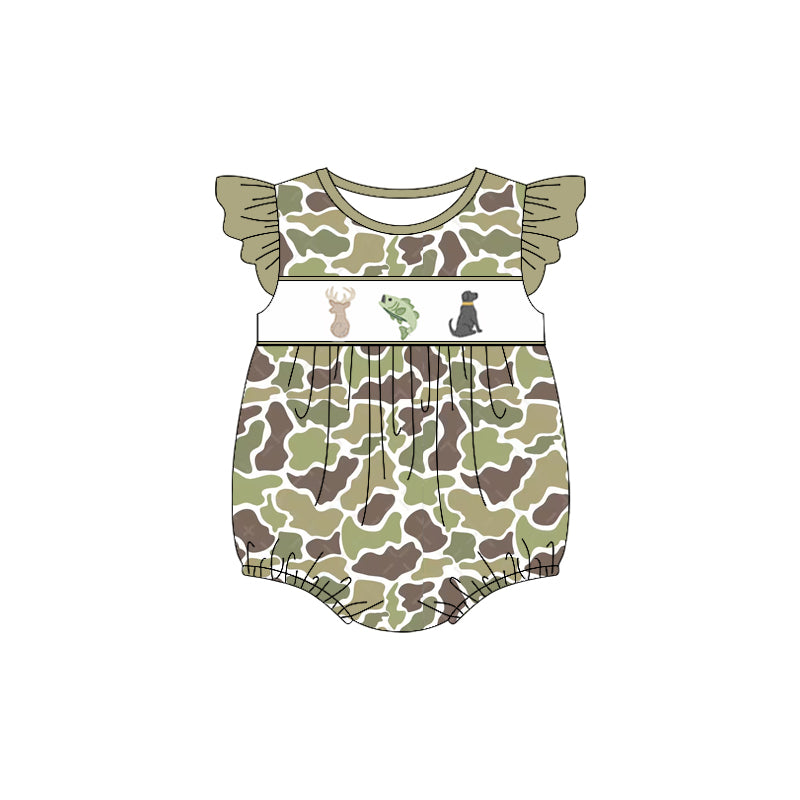 Toddle girl deer fishing dog green camo summer romper